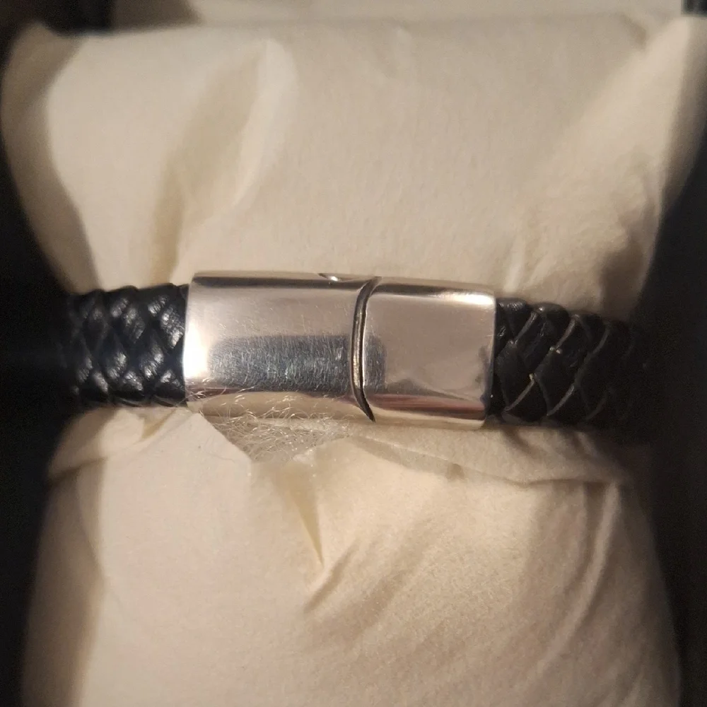 Men's Silver-toned Ram Head Cuff With Braided Leather Band Bracelet